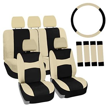 Imagem de FH Group FB030BEIGEBLACK115-COMBO conjunto de capas de assento com capa de volante e almofada de cinto de segurança (airbag compatível e banco dividido bege/preto)