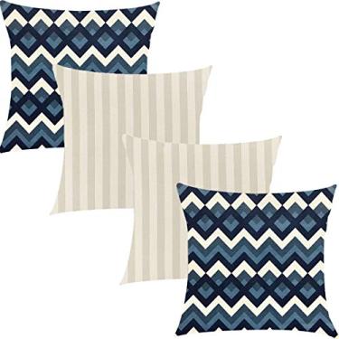 Imagem de Kit 4 Capas de Almofadas Composê Listrado e Chevron Azul 45x45cm