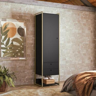 Imagem de Closet Industrial Solteiro Armario Com Cabideiro + 2 Gavetas Olivar - Preto - Cor: Preto