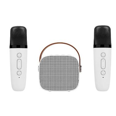 Imagem de Mini máquina de karaokê com 2 microfones sem fio, alto falante Bluetooth portátil para crianças e adultos, presentes para meninas e meninos festa de aniversário em casa (2 mic branco)