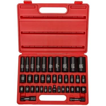 Imagem de NEIKO 02443A Conjunto de soquetes de impacto Master Drive Master de 3/8" e 1/2" | 38 peças | Tamanhos padrão SAE (polegadas) e métrico (mm) abaixo | Kit profundo e raso | Aço Cr-V | Inclui soquetes duométricos