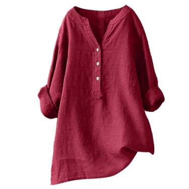 Imagem de Camisa feminina de linho de algodão com botões cor sólida solta plus size camisa social gola V manga longa feminina verão tops, 1a2 - vinho, 4G