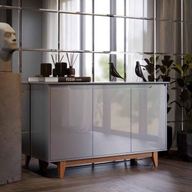 Imagem de Aparador Buffet Quarto Sala Flow 3 Portas com Pés de Madeira Cinza - Rede Móveis