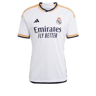 Imagem de adidas Camiseta masculina Real Madrid 23/24 Home – Uma camisa elegante e leve com detalhes dourados e história lendária do futebol, Branco, M