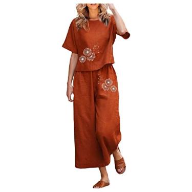 Imagem de Conjuntos femininos de linho de verão 2024, 2 peças, camisetas de meia manga, calça capri plus size, roupas de férias combinando, Laranja, Small