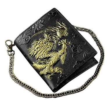 Imagem de Carteira masculina de couro vintage 3D Dragon com porta-cartões de identidade com corrente, Preto/dourado, short wallet, Vintage