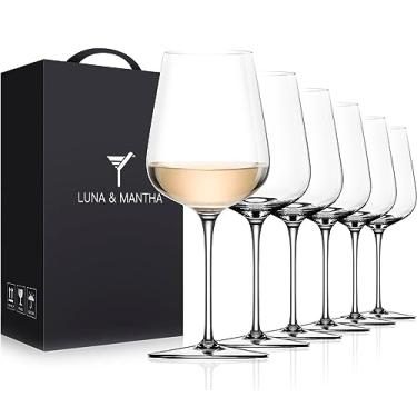 Imagem de LUNA & MANTHA Conjunto de 6 taças de vinho, taças de vinho branco cristal com haste longa, sopradas à mão, 400 ml, embalagem de presente vermelha e branca para uso diário, dia dos pais, aniversário de