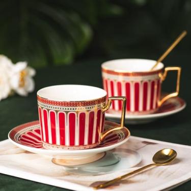 Imagem de CwlwGO Conjuntos de xícaras de café de cerâmica estilo europeu, conjunto de chá da tarde 198 g Bone China requintadamente esmaltado vermelho e dourado, conjunto de chá para festa de chá feminina