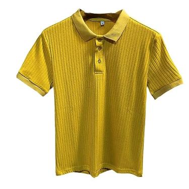 Imagem de Camisa polo masculina de lapela lisa manga curta botão respirável camiseta elástica atlética slim fit, Amarelo, M