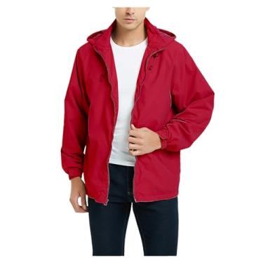 Imagem de Jaqueta masculina leve, corta-vento, ajustável, com capuz, capa de chuva, cor sólida, casaco de ciclismo, Vermelho, G