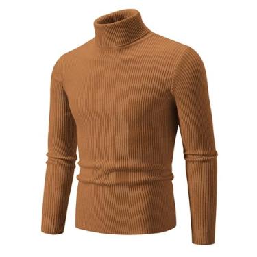 Imagem de Suéter masculino vintage de gola rolê grosso suéter de gola rolê cor sólida, Marrom, XXG