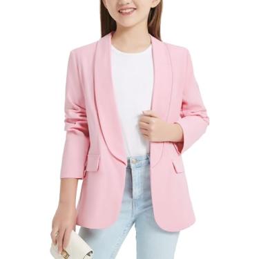 Imagem de EXARUS Blazer feminino manga longa gola xale blazer formal jaqueta aberto frontal bolso interno para crianças tamanho 6-12 anos, rosa, 8 Years