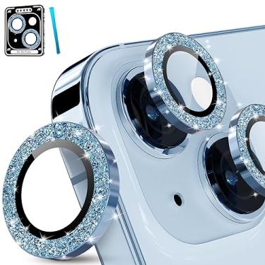 Imagem de imluckies Para iPhone 15 14 - Protetor de lente de câmera iPhone 15 Plus, anel individual de liga de alumínio transparente HD, película de proteção de tela traseira de vidro temperado 9H, azul glitter