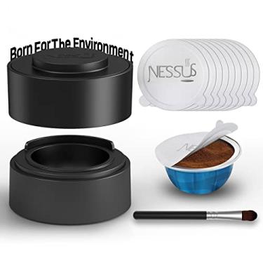 Imagem de Nessus Kit de cápsulas reutilizáveis Vertuo, 50 peças [ALSeal EZ FIT] Tampas de selos de alumínio para cápsulas Nespresso Vertuolina, suporte e escova, serve para cápsulas recarregáveis Vertuo (não incluídas)