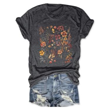 Imagem de Camiseta feminina boho floral vintage estampada camiseta colorida flores silvestres estampa camiseta casual botânica manga curta, Cinza escuro - 1, P