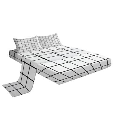 Imagem de Eojctoy Jogo de lençol de solteiro de 4 peças - Jogo de lençol quadrado preto e branco - 1 lençol com elástico, 1 lençol de cima, 2 fronhas - Qualidade de hotel - Super macio e respirável - Jogo de