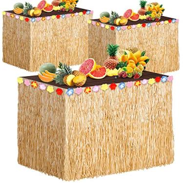 Imagem de ADXCO Pacote com 3 saias de mesa havaianas luau de 250 x 76 cm, luau tropical, hibisco, luau, saias de mesa havaianas marrons para eventos temáticos da Moana, aniversário
