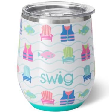 Imagem de Swig Life Copo de vinho de 340 g com tampa, aço inoxidável, lavável na lava-louças, portátil, copo de vinho com isolamento triplo (Lake Girl)