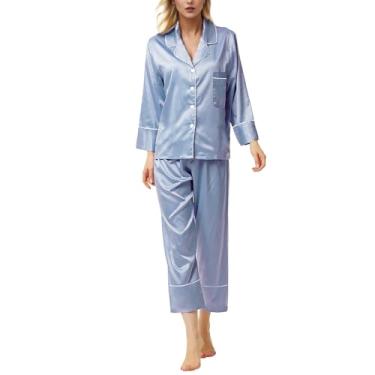 Imagem de Lainuyoah Pijama feminino de manga comprida e calça de botão, conjunto de pijama clássico com gola V e 2 peças, D #roxo, G