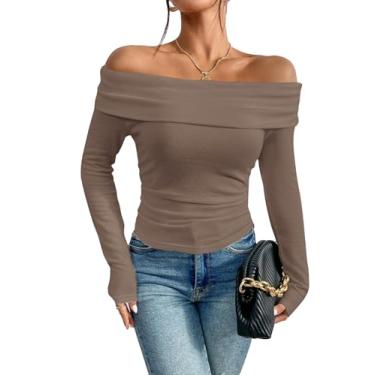 Imagem de Prettywear Camiseta feminina sexy com ombros de fora Y2K, caimento justo, manga comprida, primavera, outono, camisa para sair à noite, Cinzento-acastan, M