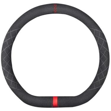 Imagem de K LAKEY Capa de volante de carro de camurça, couro macio ao toque, esportivo, antiderrapante, acessórios para interiores automotivos, design universal de 38 cm para homens e mulheres em forma de D