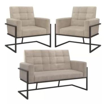 Imagem de Kit Recepção 2 Poltronas 1 Namoradeira Base de Ferro Reforçada para Escritório Sala de Espera (BEGE)