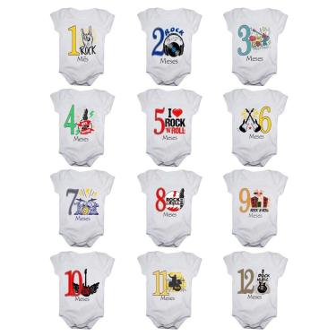 Imagem de Kit 12 Body Bebê Mesversario Manga Curta Rock In Roll 1 A 12 Meses-Unissex