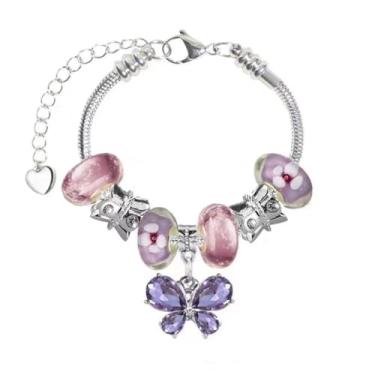 Imagem de White Birch Pulseiras Pandora com berloques ajustáveis de 17 a 21 cm, joias de flores e borboletas, 8 3 inch, Vidro