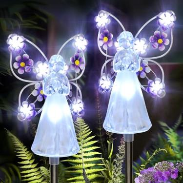 Imagem de GIGALUMI Luzes de estaca de jardim de anjo solar – Pacote com 2 luzes solares de anjo para jardim ao ar livre, anjo de luz eterna com 7 LEDs para decorações de túmulos de cemitério, presente de