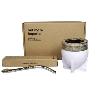 Imagem de thebmate [Conjunto Imperial Premium de Erva Mate - Xícara de Chá de Cerâmica Artesanal - Embrulhada em Couro Artesanal no Uruguai - Conjunto Mate Imperial com Palha Bombilla Prata Alemã e Escova de