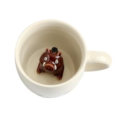 Imagem de Ewaymado Caneca de cerâmica de javali oculto com animal 3D dentro, xícara de chá feita à mão, Natal, aniversário, dia das mães para amigos, família ou crianças (javali creme)