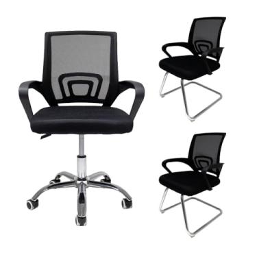 Imagem de Conjunto de Cadeira Diretor Detroit Ergonômica + 2 Cadeiras Detroit Fixas Pretas para Escritório, Design Moderno