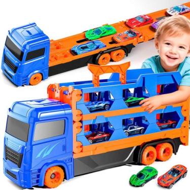 Imagem de Caminhão Transport Cegonheira Azul Que Vira Pista Com 2 Carrinhos - Dm