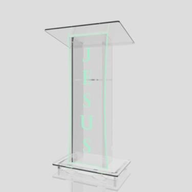 Imagem de Púlpito em Acrílico para Igreja e/ou Eventos com Gravação e Led grátis Mod. Rute Transparente (Tradicional, Moderna ou Sem Gravação) Cores em Led. (Grav. "Jesus" Tradicional, LED VERDE)