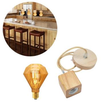 Imagem de Kit Pendente Rústico Em Madeira Maciça De 1M Com Lâmpada Led Vintage R