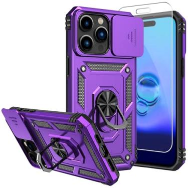 Imagem de SKMY Capa para iPhone 15 Pro Max, com protetor de tela e capa de câmera, [grau militar] capa testada em queda de 5 pés com suporte magnético capa protetora para iPhone 15 Pro Max de 6,7 polegadas, roxo