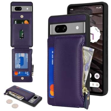 Imagem de Cavor Capa carteira para Google Pixel 7a, carteira para Pixel 7a para mulheres e homens, capa de telefone com porta-cartões, bolso com zíper de couro, compartimentos para cartões - roxo