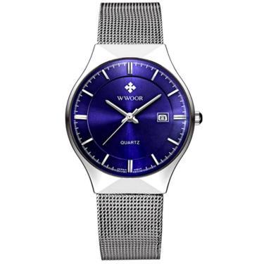 Imagem de Relógio Masculino Ultra Fino De Quartzo Minimalista Pulseira De Malha Impermeável Azul