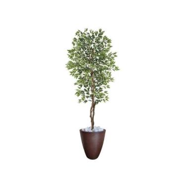 Imagem de Planta Artificial Ficus Verde Creme 2,10m kit + Vaso Redondo Marrom 40