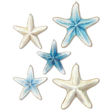 Imagem de Putuo Decor Conjunto de decoração de parede de praia de estrela do mar azul e branco 5 peças decoração náutica para pendurar casas costeiras, banheiros, espaços à beira da piscina (não é 3D)