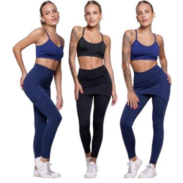 Imagem de KIT 3 Conjunto Top Alça Fina E Calça Saia Suplex Bella Fiore Roupa Para Academia Moda Fitness-Feminino
