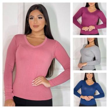 Imagem de Kit 4 Blusas de frio Feminina Gola V Manga Longa Segunda Pele - GK, Ro