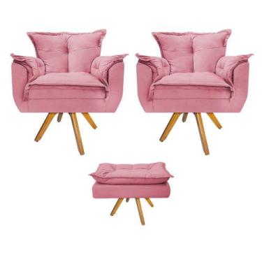 Imagem de Kit 02 Poltronas e Puff Opala Base Giratória de Madeira Suede Rosa Beb