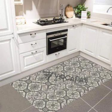 Imagem de Tapete Cozinha Emborrachado Antiderrapente Kit Com 3 Peças Azulejo Cin
