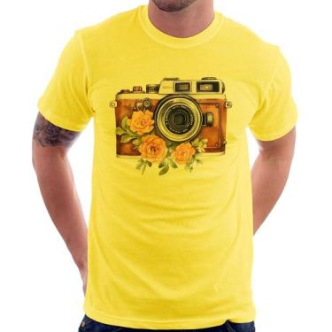 Imagem de Camiseta Máquina Fotográfica Vintage e Flores - Foca na Moda, Amarelo,