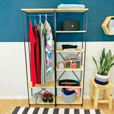 Imagem de Armário Arara Industrial Closet Completo Modular Slim de Ferro e Madei