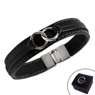 Imagem de Pulseira de Couro Masculina Magnética Preta 2 Circulos - GRANADO ACESS