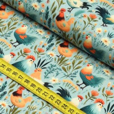 Imagem de Tecido Estampado Para Patchwork - Galinhas no Jardim : Galinhas Azuis 