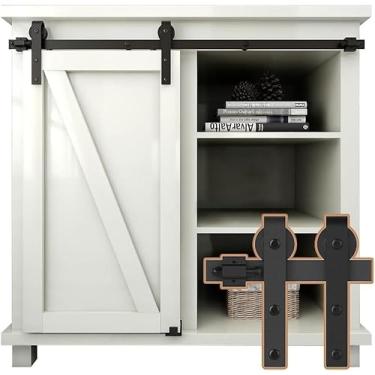 Imagem de FLYVLIEG Kit de ferragens para porta de celeiro deslizante de 1,8 m para suportes de TV de porta única, armários pequenos, gancho em forma de J (sem armário)