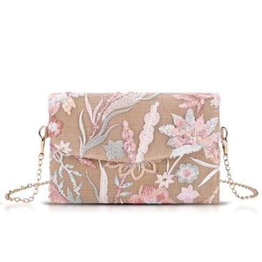 Imagem de QTKJ Bolsas clutch para mulheres, pacote de envelope, bolsa de palha com flores bordadas de lantejoulas, bolsas de mão boêmias feitas à mão, Azul, One Size